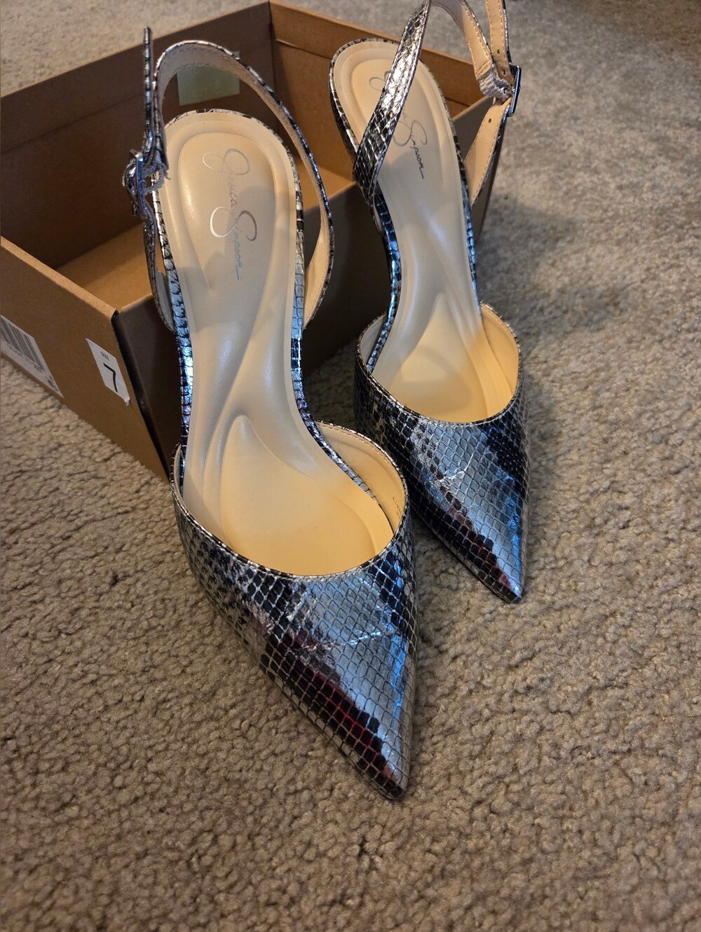 Jessica Simpson Metallic Snake-Print Slingback Pumps - Silver
